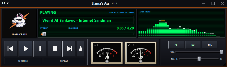 The Llama's Ass player: spectrum analyzer, VU meters and the classic green time readout.